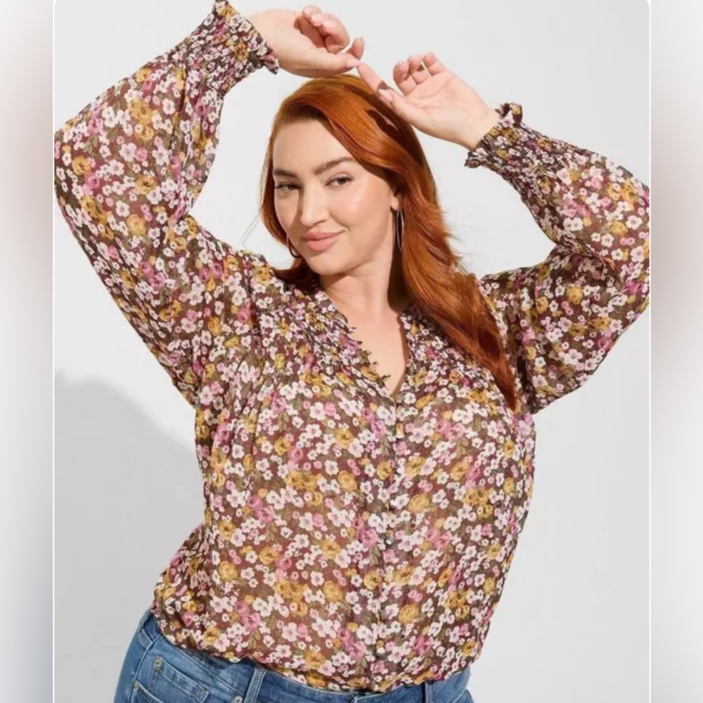 Torrid 3X Blouse Long Sleeve Fall Floral Metallic Thread Button Details Relaxed